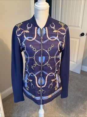 J. McLaughlin Navy Sweater Jacket Equestrian Print